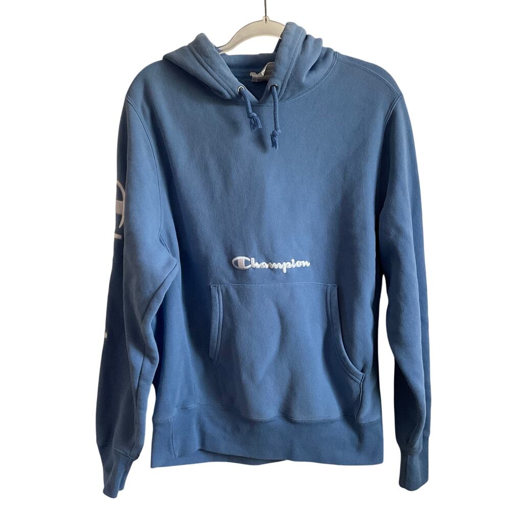Champion Reverse Weave Embroidered Spellout Blue‎ Hoodie - Size Medium